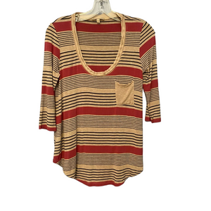 Red & Tan Striped Oversized 3/4 Sleeve Tee – Size XS Bordeaux
